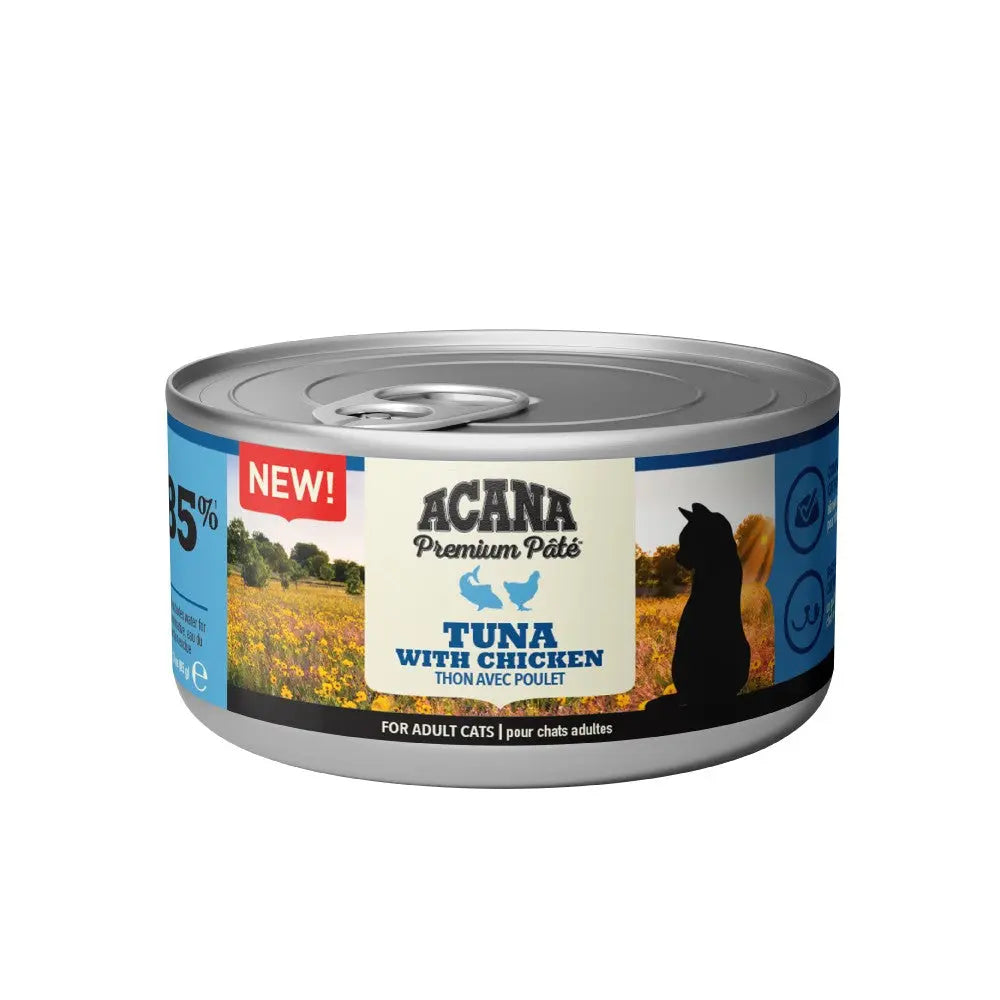 ACANA Premium Pâté Tuna with Chicken for adult cats in a convenient can.