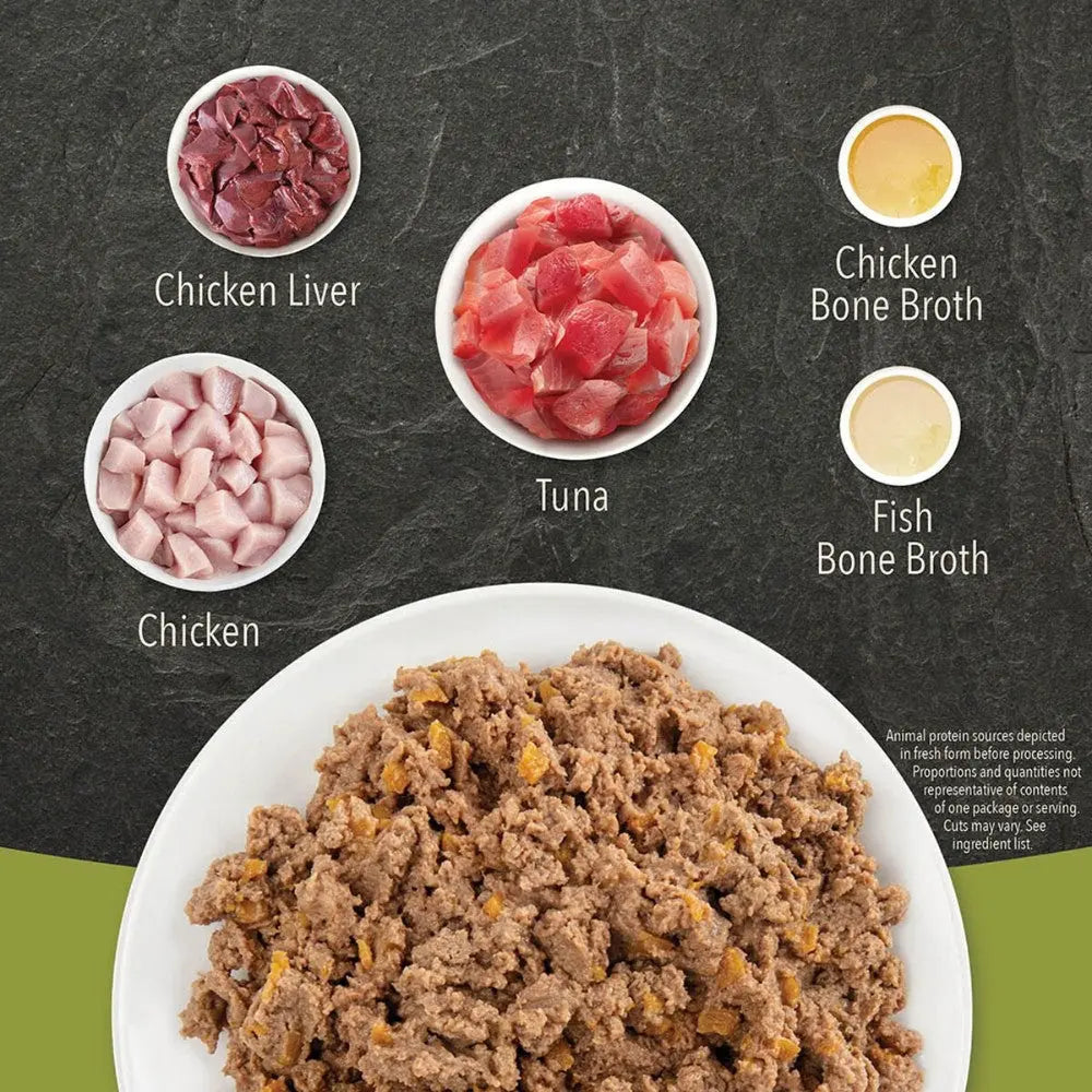 Chicken liver, tuna, chicken, and bone broths displayed with a serving of pet food on a dark background.