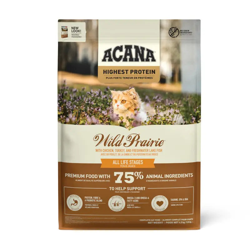 ACANA Wild Prairie cat food bag featuring high protein content and natural ingredients for all life stages.