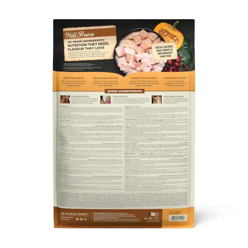 Wild Prairie dog food bag featuring fresh chicken, ingredients, and health benefits for pets.