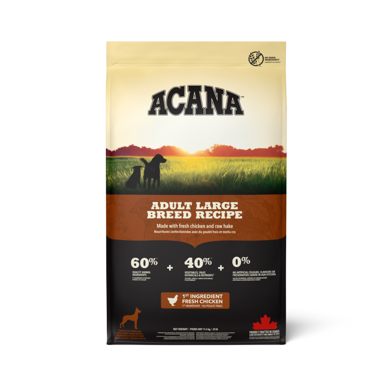 Acana dog food package for adult large breed recipe on a white background