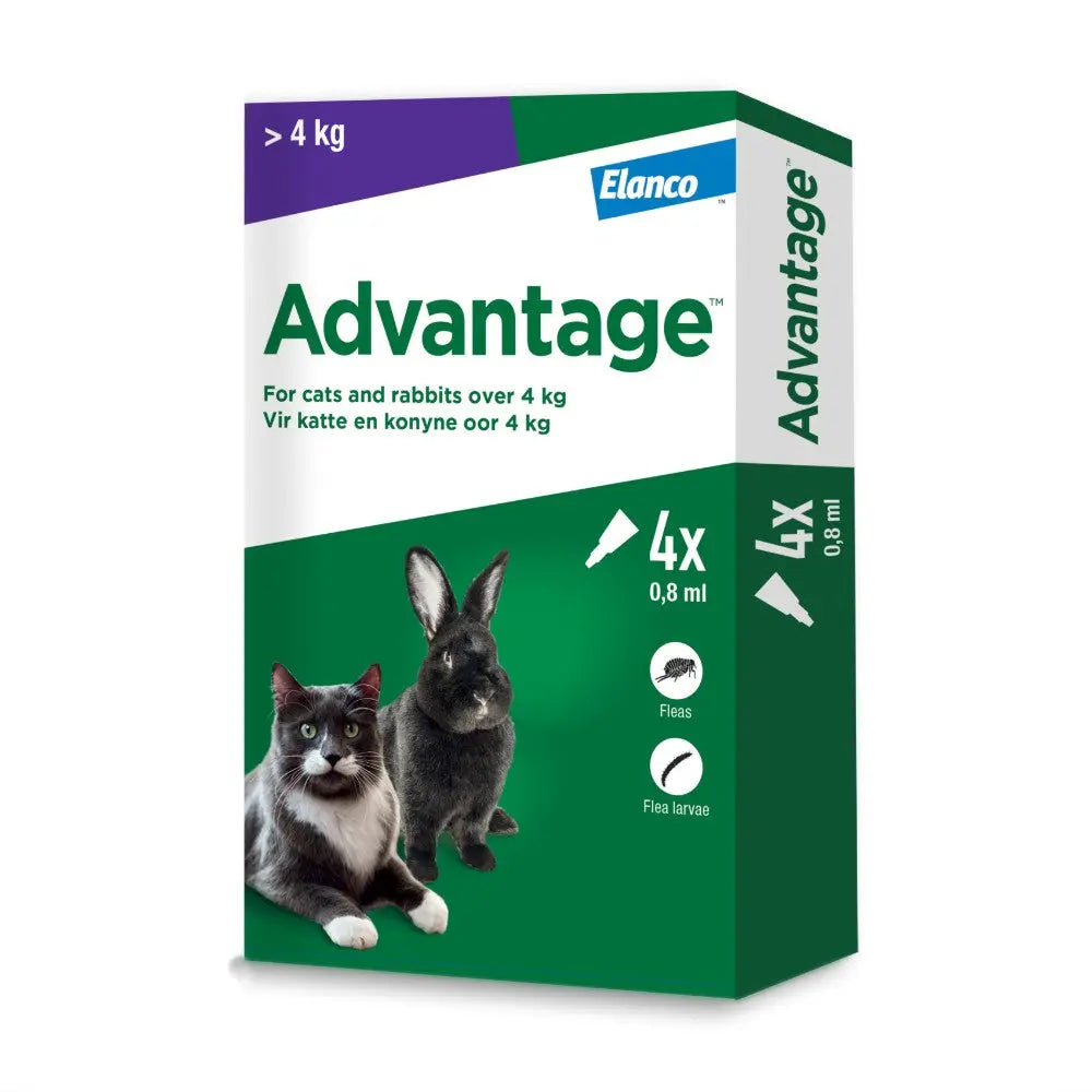 Advantage flea treatment for cats and rabbits over 4 kg, featuring four 0.8 ml applicators.