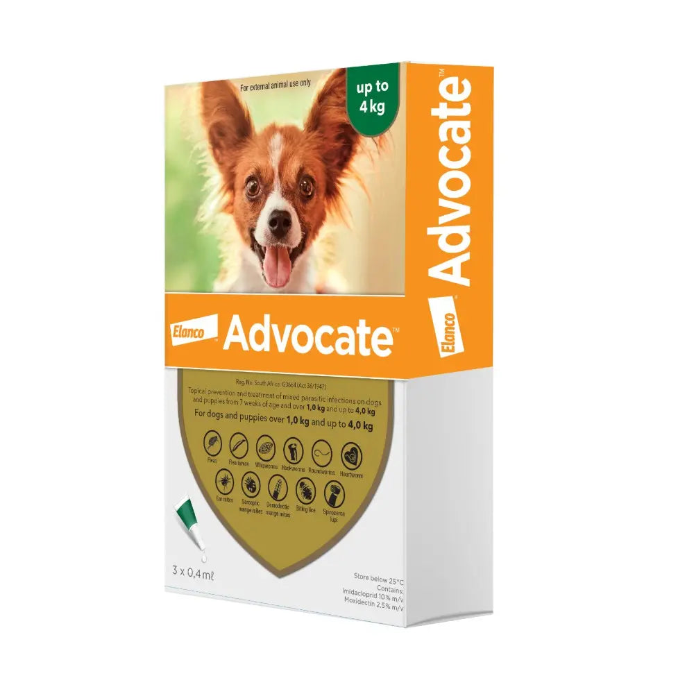 Advocate pet treatment packaging for dogs up to 4 kg, featuring a happy dog on the front.