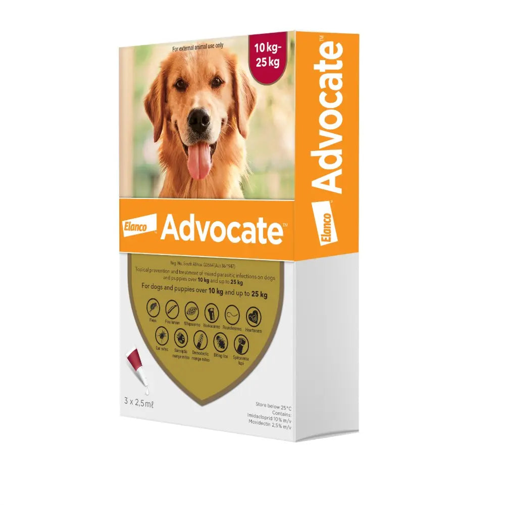 Advocate pet treatment packaging for dogs weighing 10-25 kg, featuring a happy dog on the front.