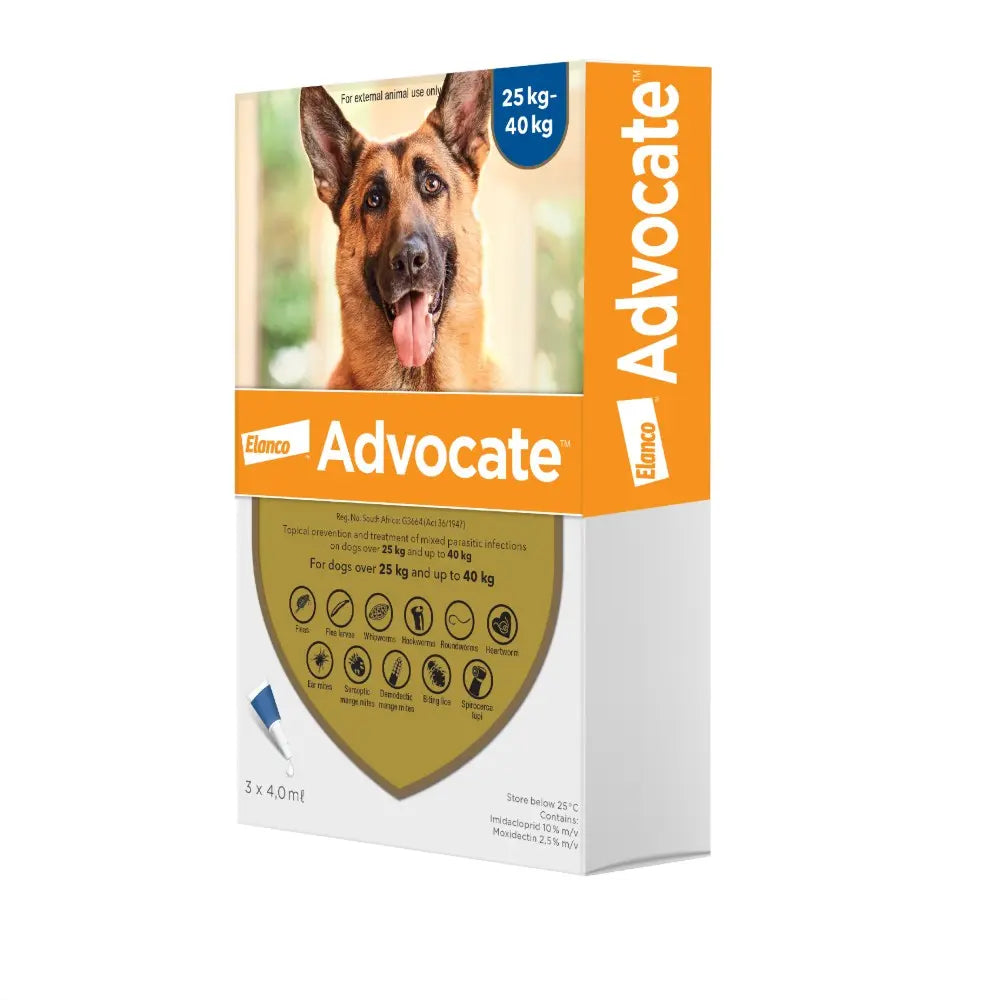 Advocate dog treatment packaging for dogs 25 kg to 40 kg, featuring a happy German Shepherd.