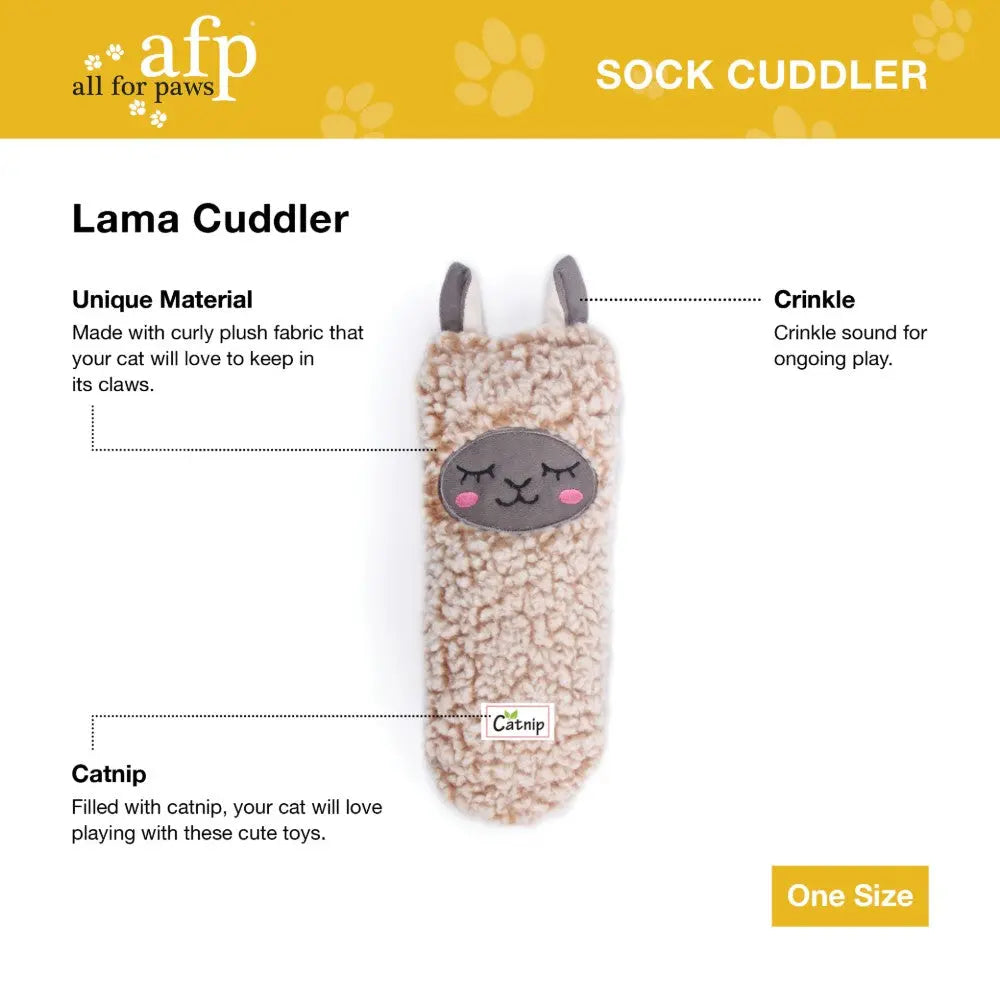 Lama Cuddler toy with crinkle sound and catnip for playful cats.