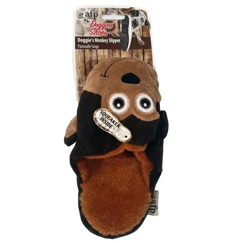 Dog-themed dog slipper with squeaker, perfect for playful pets and cozy lounging.