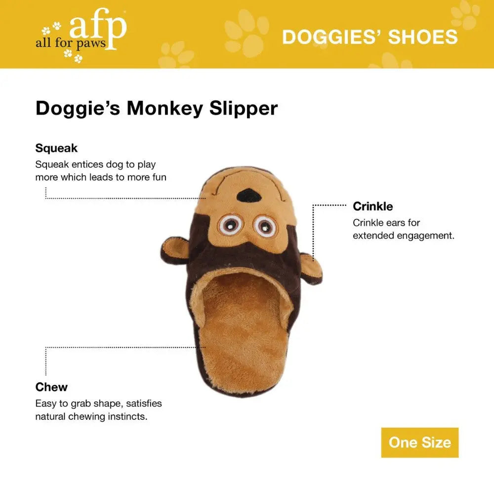 Doggie's Monkey Slipper with squeak, crinkle ears, and chew-friendly design for playful engagement.