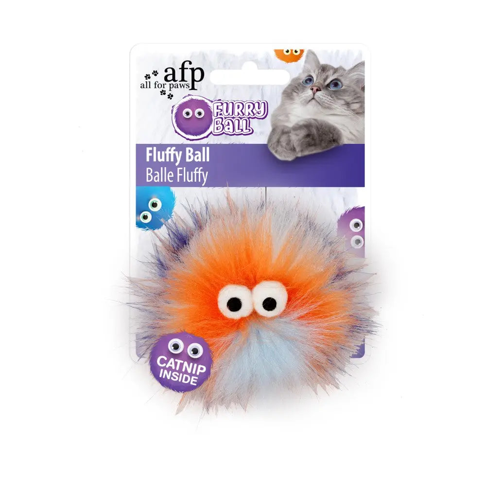 Colorful cat toy with catnip, featuring a fluffy ball design and playful eyes for feline fun.