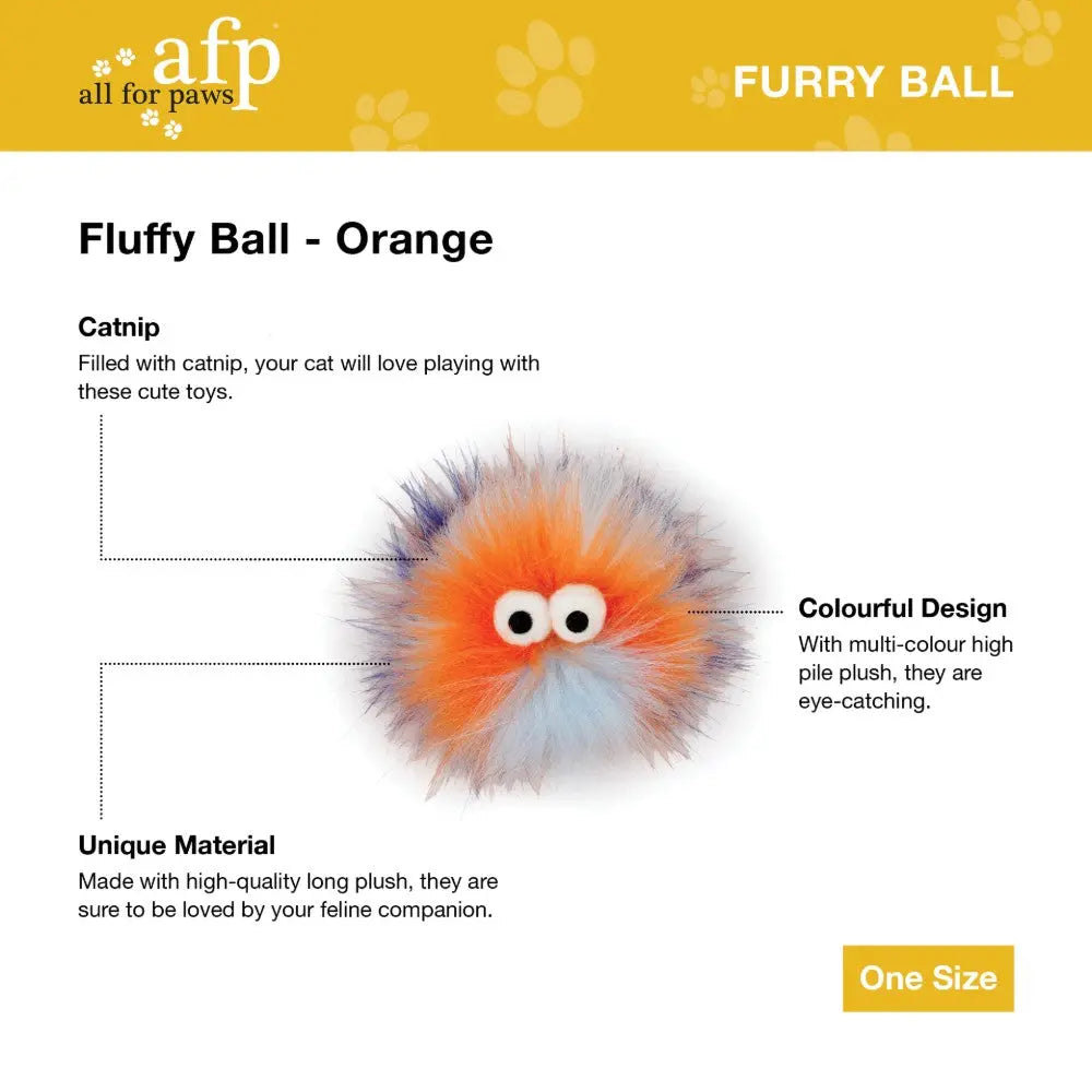 Fluffy orange cat toy ball filled with catnip, featuring a colorful, eye-catching design.