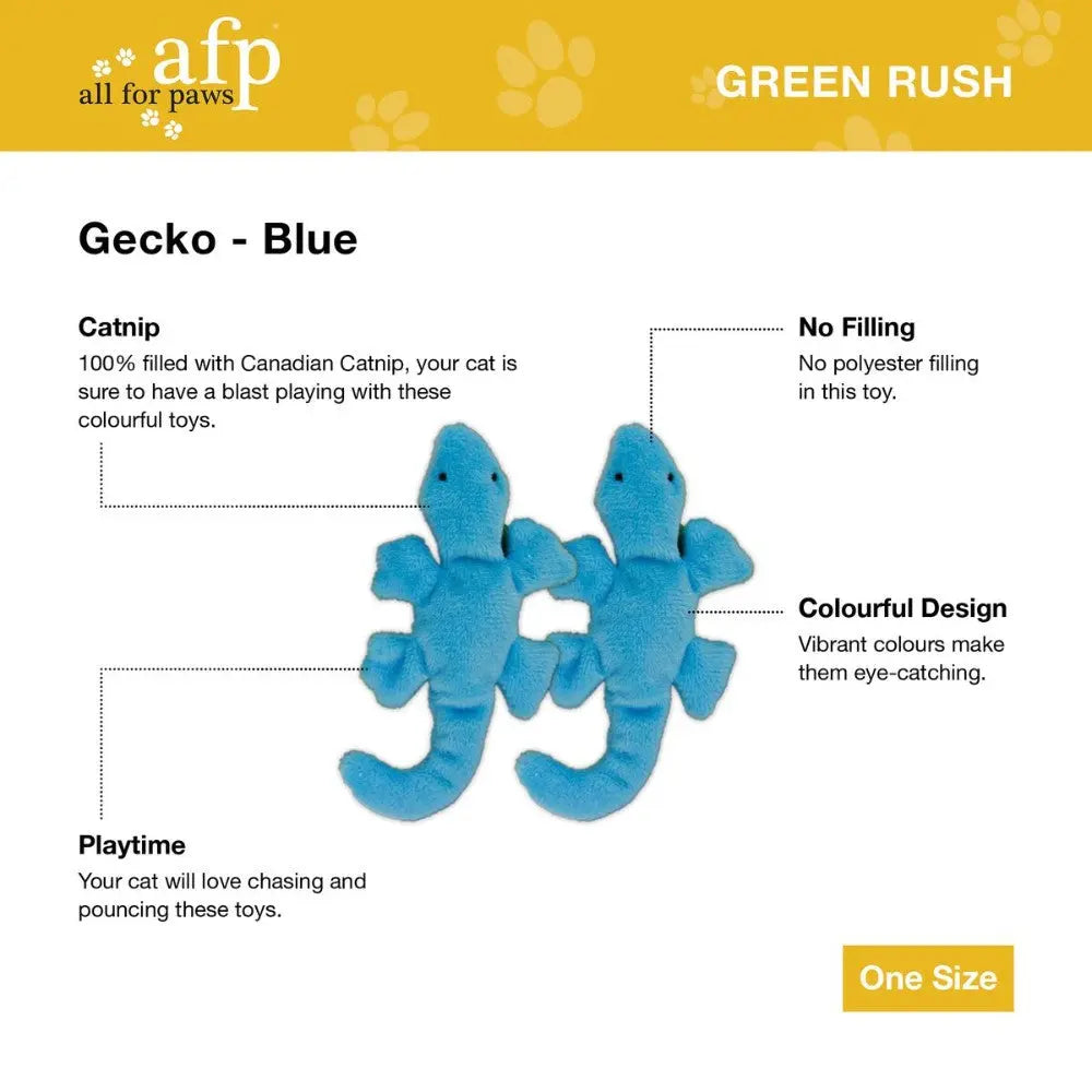 Blue gecko cat toy filled with Canadian catnip for playful fun and vibrant colors.