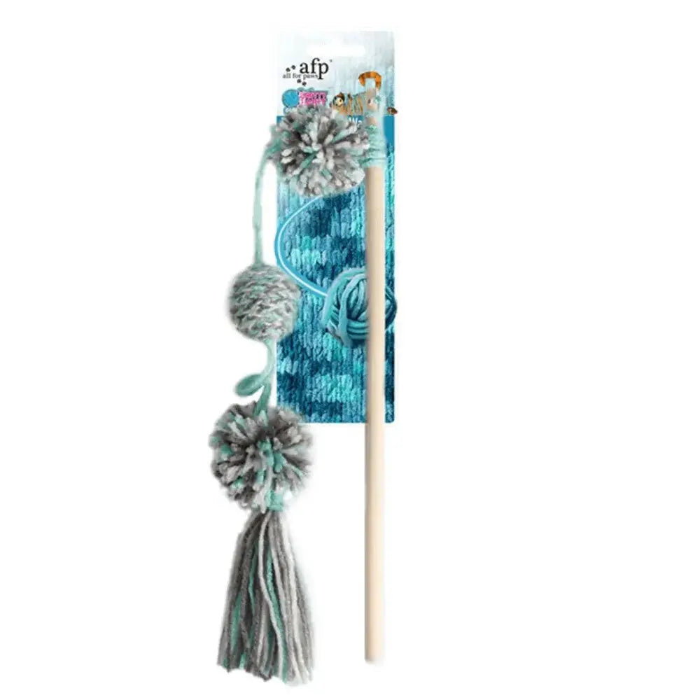 Cat toy wand with pom-poms and tassels for interactive play and exercise.