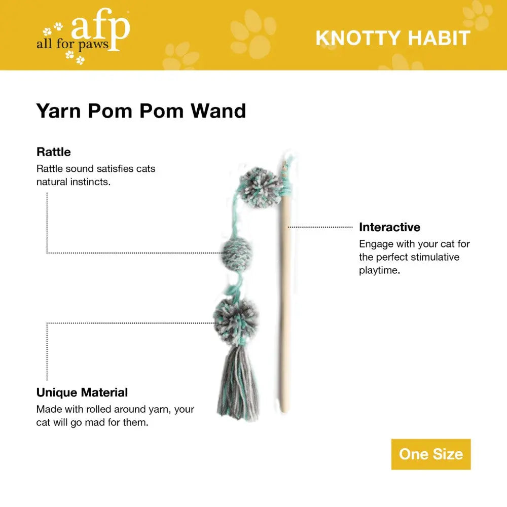 Yarn pom pom wand for cats, featuring rattle sound and interactive play for stimulating fun.