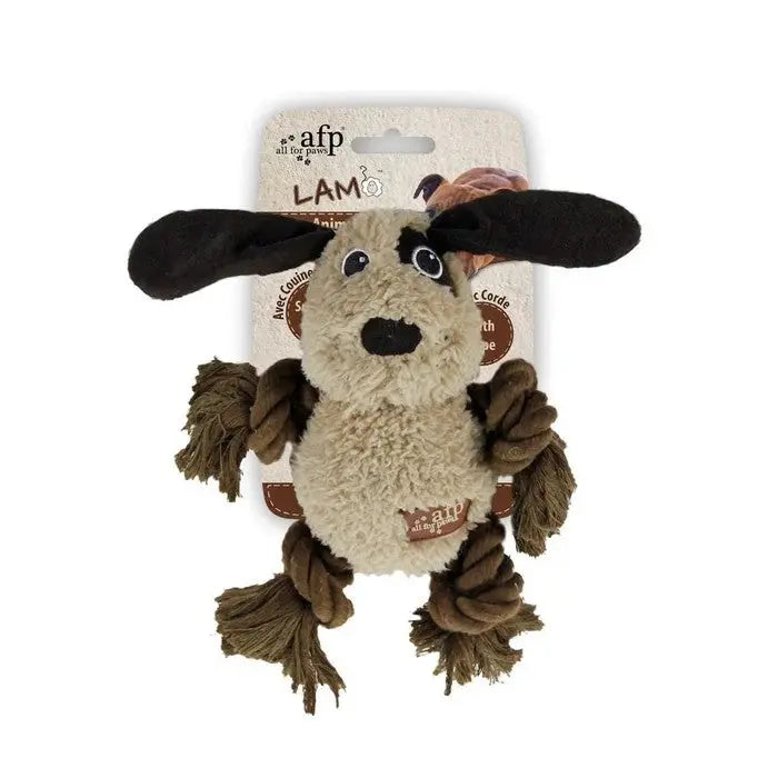 Soft dog toy with rope limbs, perfect for playtime and dental health.