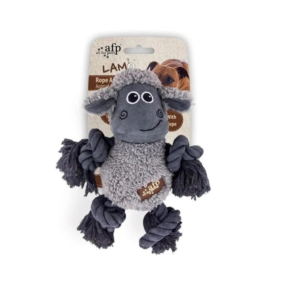 Gray sheep dog toy with rope arms, perfect for playtime and chewing.