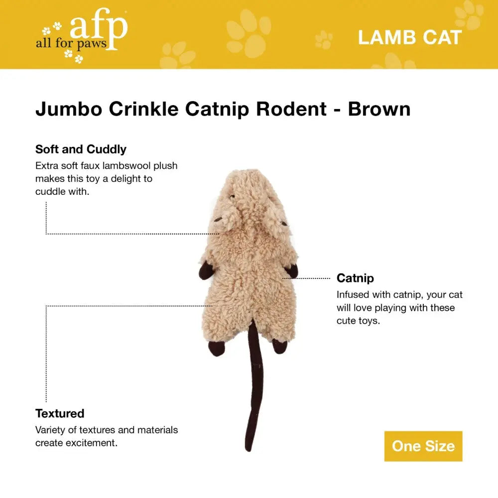 Jumbo crinkle catnip rodent toy in brown, soft faux lambswool for cuddly playtime fun.