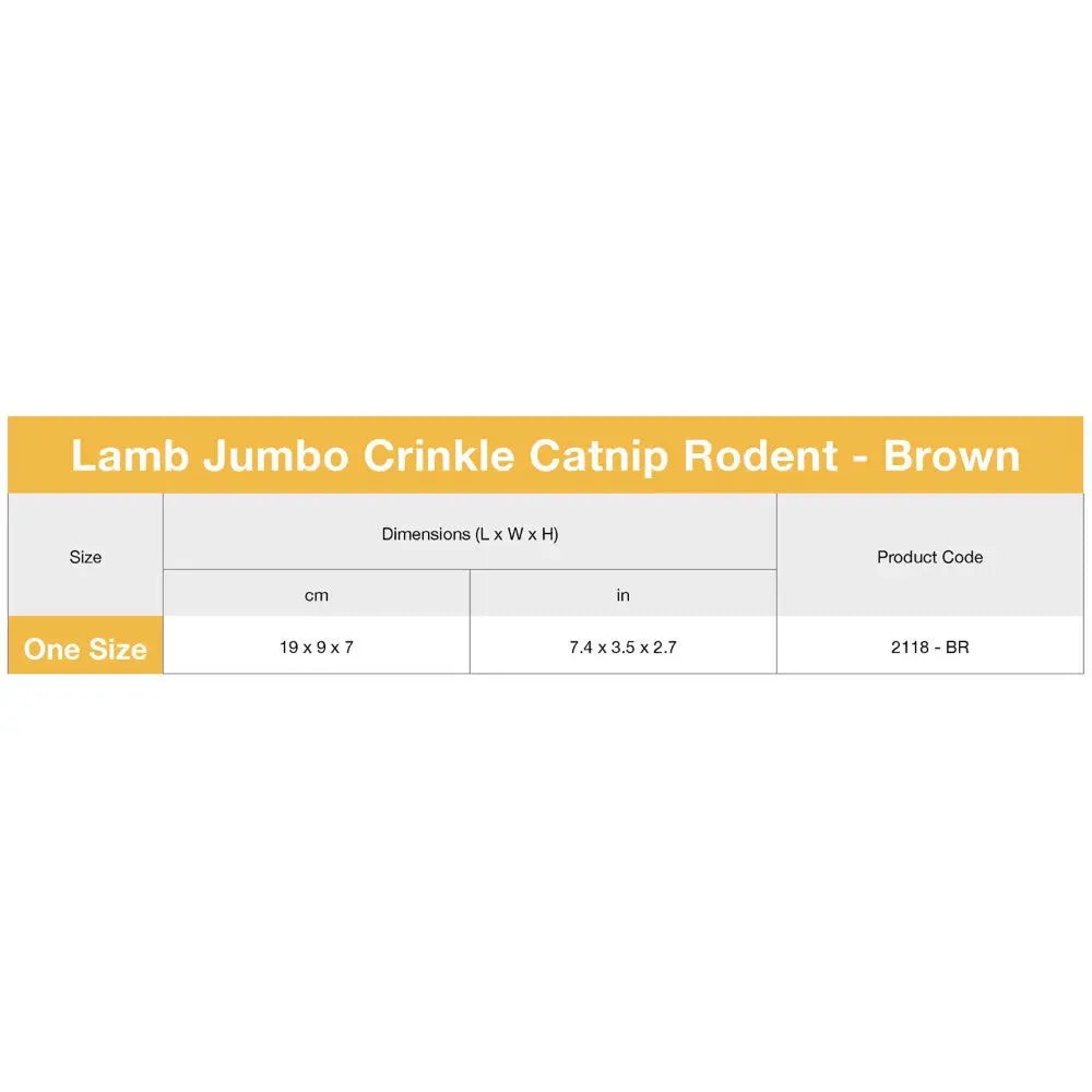 Lamb Jumbo Crinkle Catnip Rodent toy in brown, perfect for engaging and entertaining your cat.