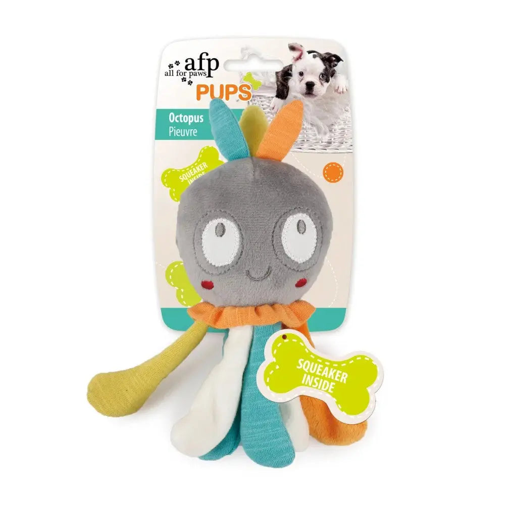 Soft octopus dog toy with squeaker, perfect for playful pups and interactive fun.