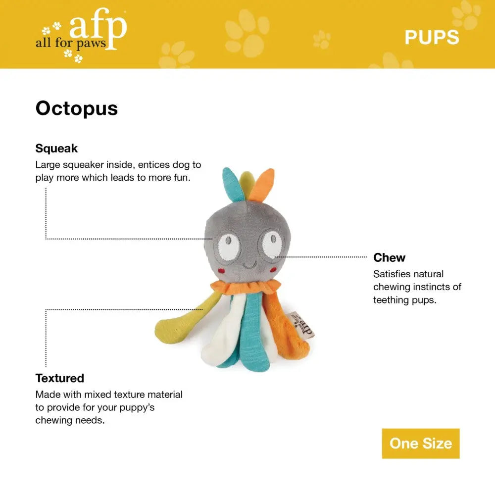 Squeaky octopus dog toy with textured fabric for chewing and playtime fun.