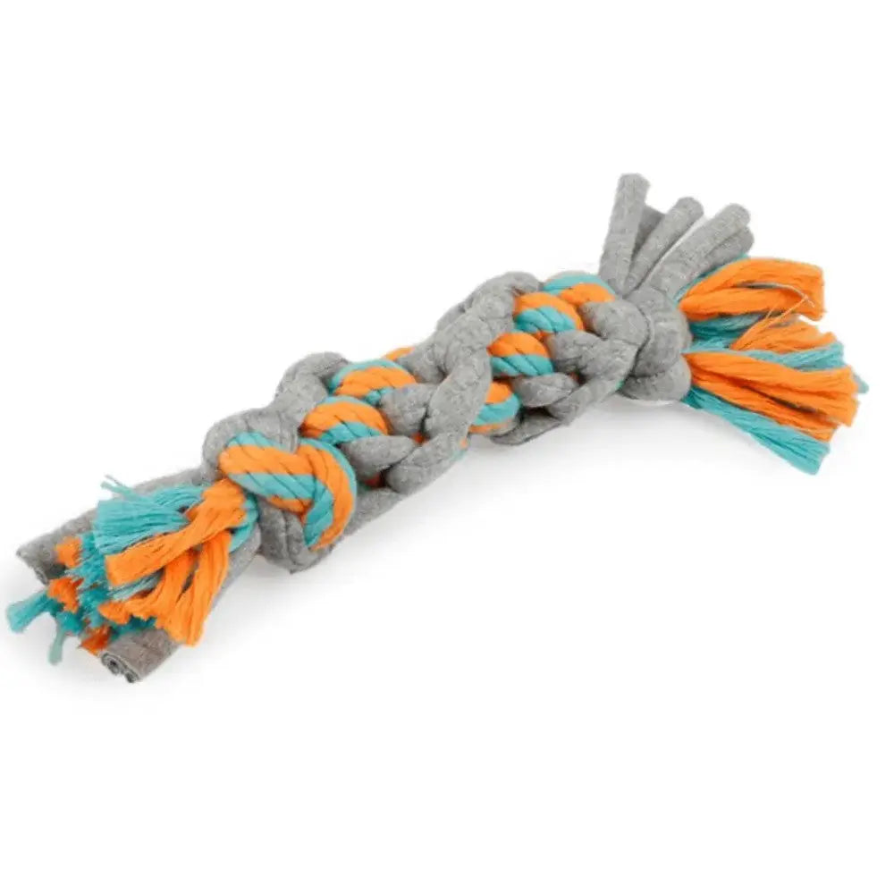 Durable dog toy rope in gray, orange, and teal for interactive play and chewing.