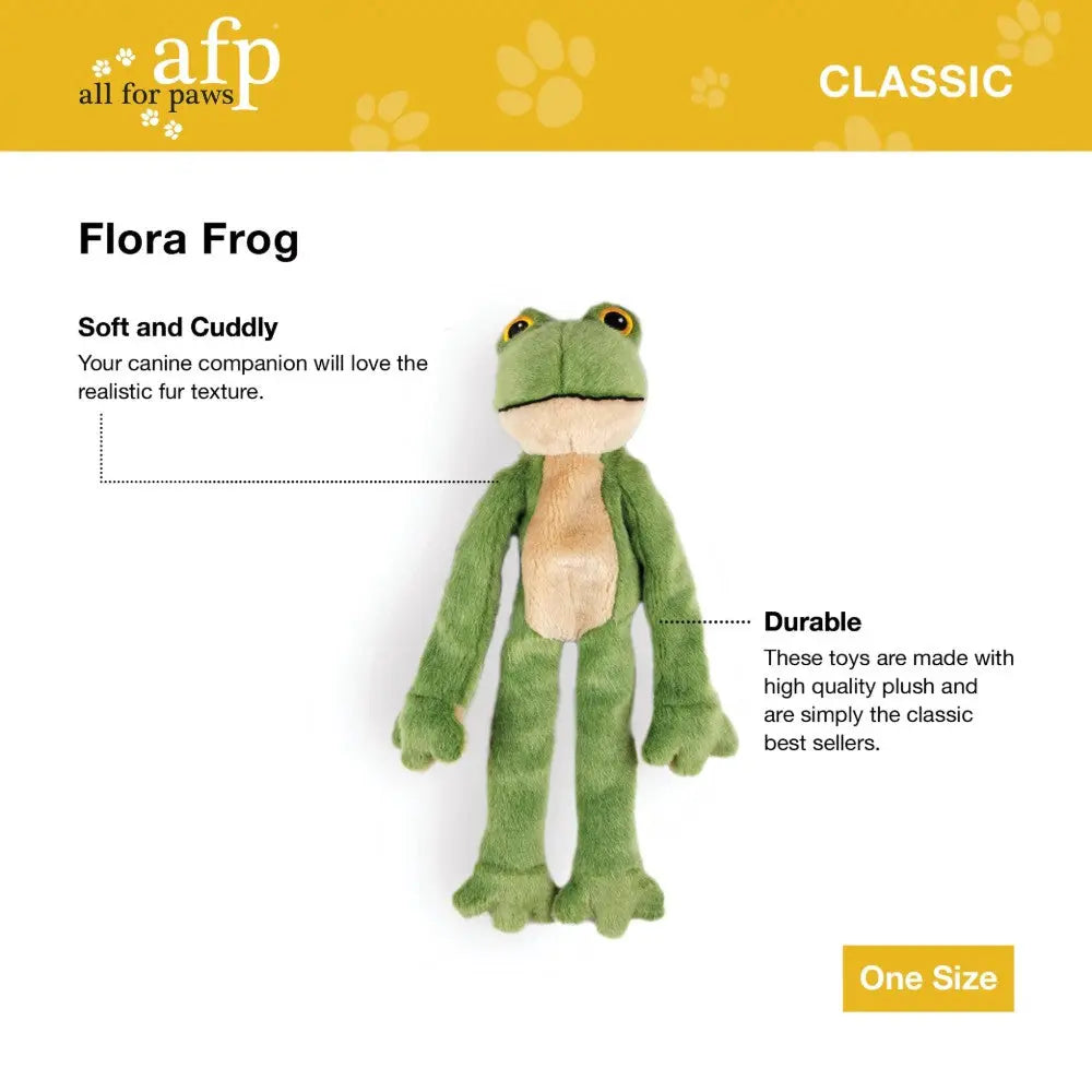 Soft and cuddly Flora Frog toy for dogs, featuring realistic fur and durable design for endless playtime fun.
