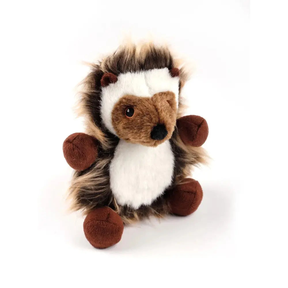 Plush hedgehog toy with soft fur and cute facial features, perfect for cuddling and playtime.