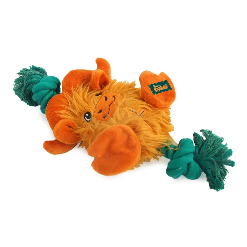Colorful plush dog toy with rope ends for interactive play and chewing fun.