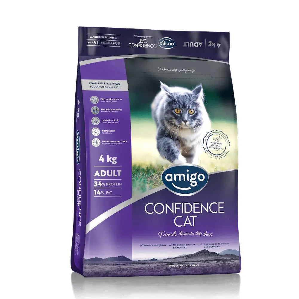 Amigo Confidence Cat food bag, 4 kg, high protein formula for adult cats, featuring a playful cat on the label.