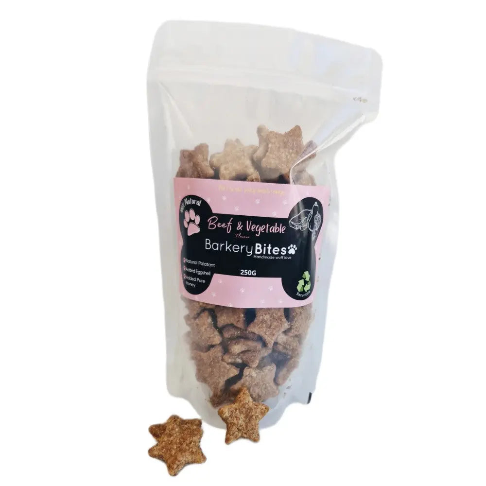 Beef and vegetable dog treats in a resealable bag, shaped like stars for easy feeding.