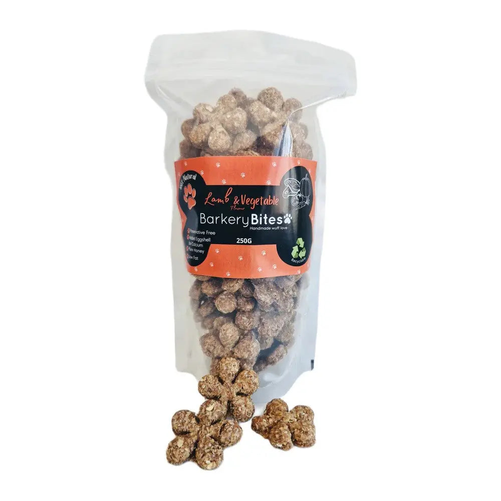 Lamb and vegetable dog treats in a resealable bag for healthy snacking.