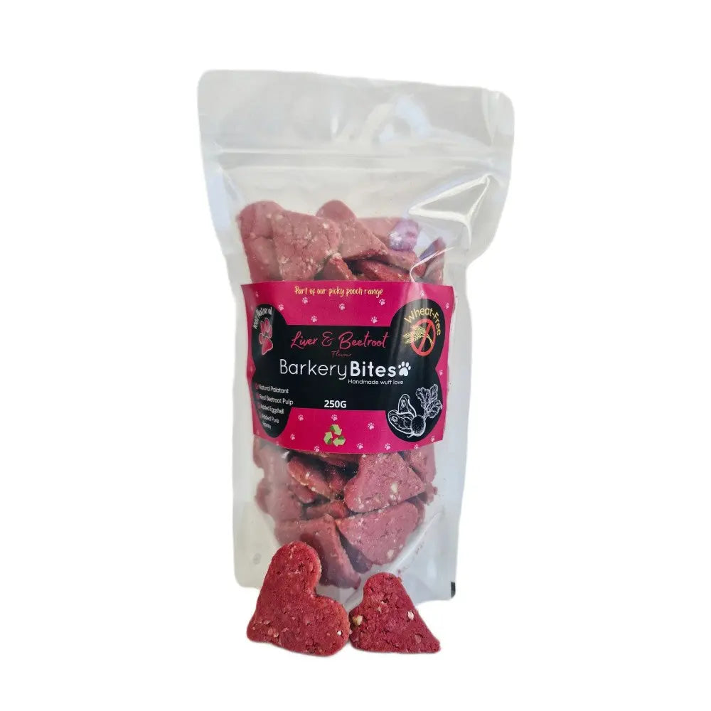 Barkery Bites liver and beetroot dog treats in a resealable 250g bag, shaped like hearts.