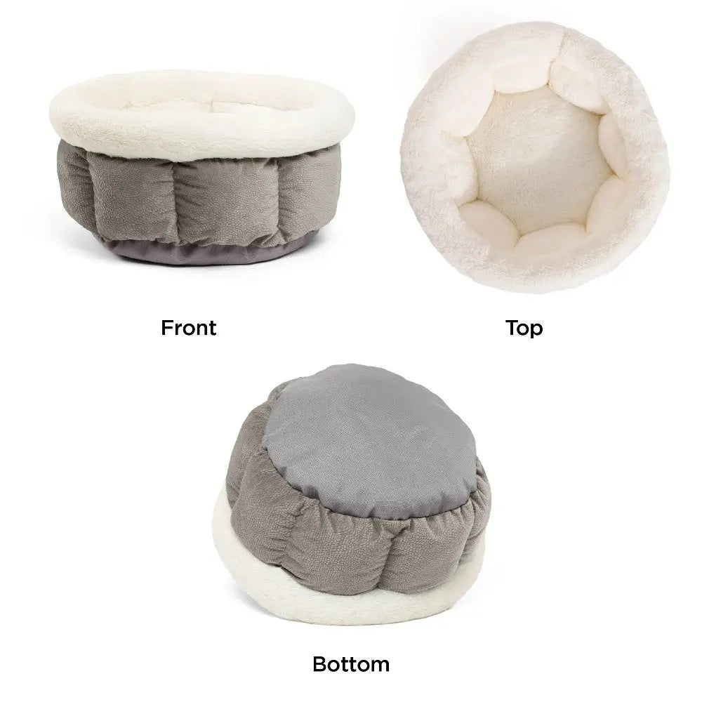 Cozy pet bed with soft interior and durable exterior, shown from front, top, and bottom views.