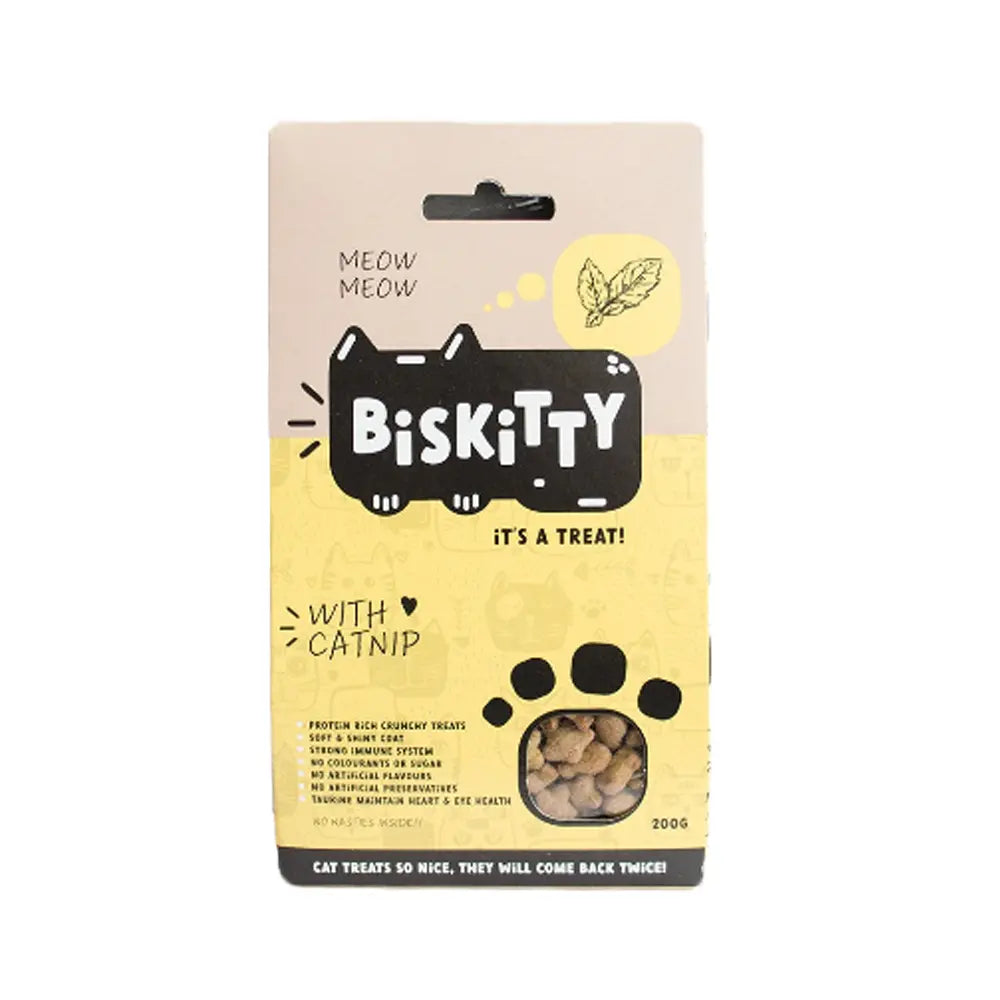 Biskitty cat treat packaging featuring crunchy treats with catnip for playful felines.
