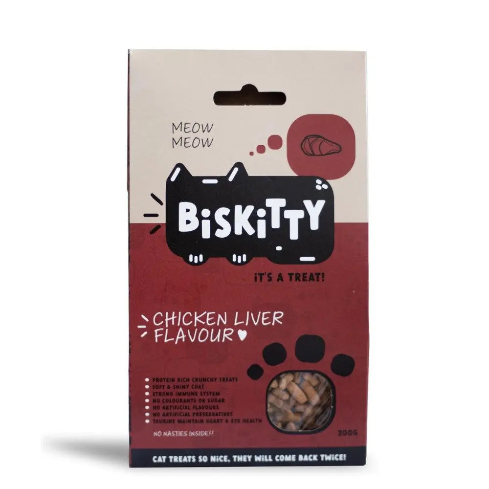 Biskitty chicken liver cat treats in a fun, playful packaging for happy, healthy pets.