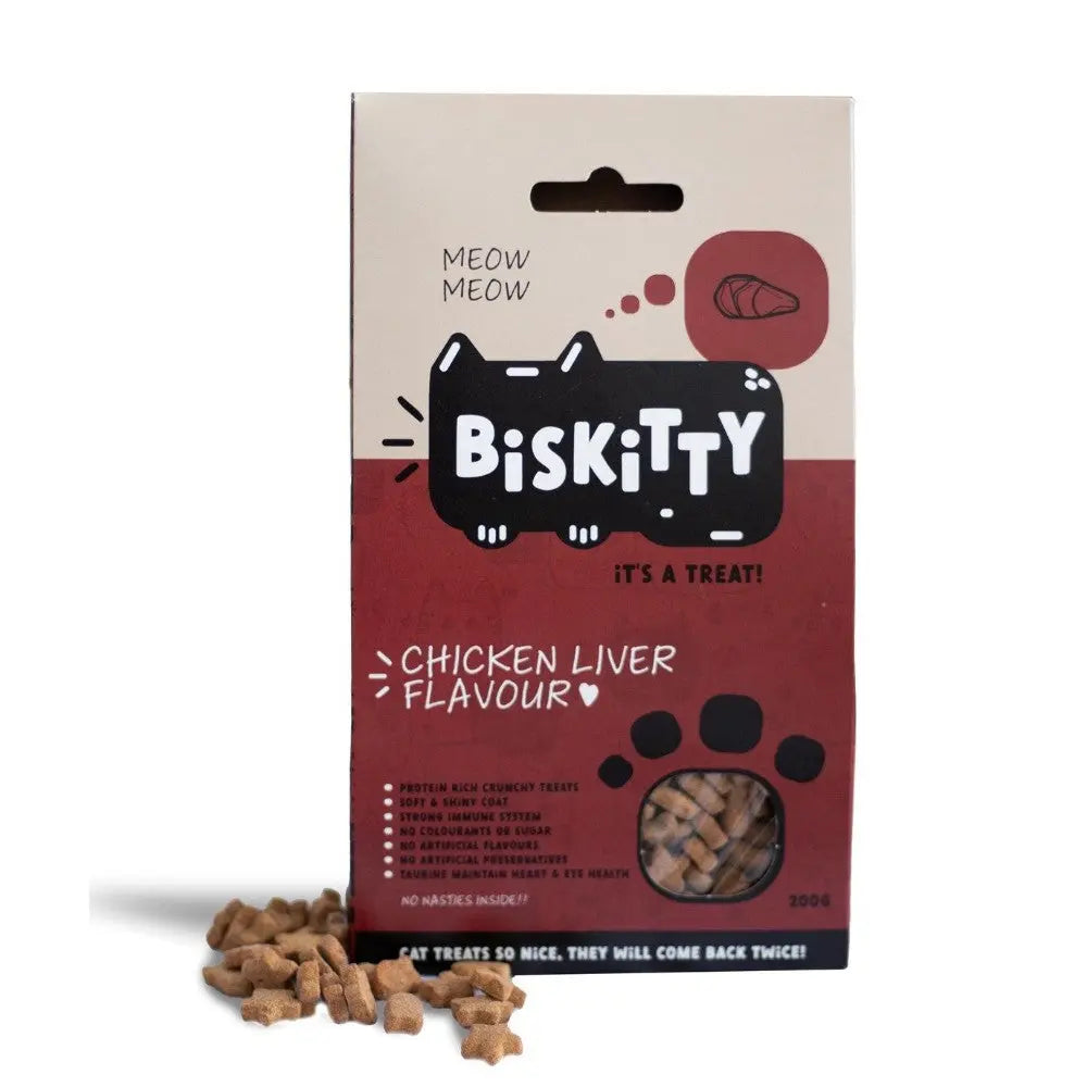 Biskitty chicken liver flavor cat treats in a vibrant, eye-catching package with crunchy morsels.