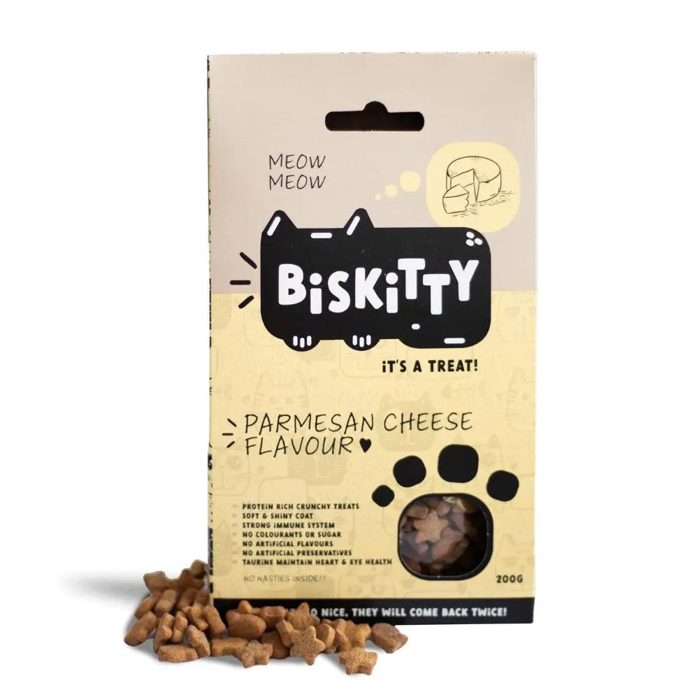 Biskitty Parmesan Cheese Flavour cat treats in a 200g package, perfect for rewarding your feline friend.