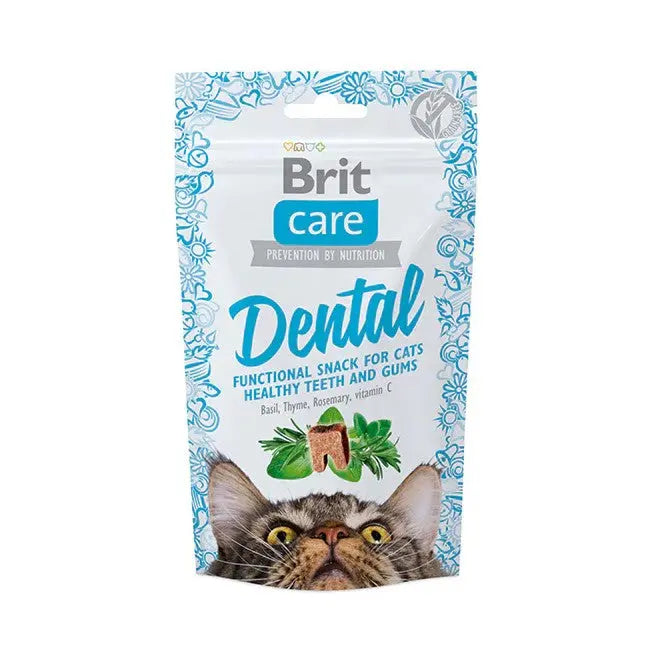 Dental snack for cats by Brit Care, promoting healthy teeth and gums with natural ingredients.