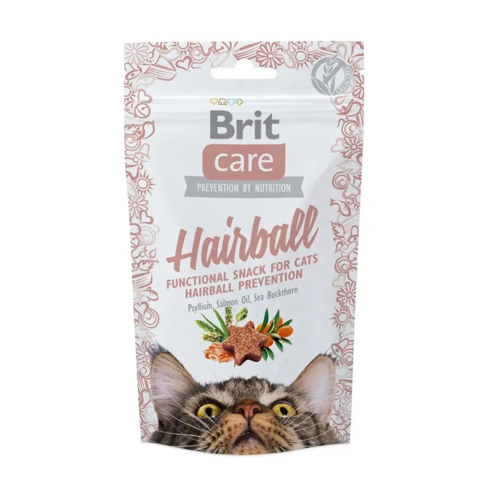 Hairball prevention snack for cats, featuring natural ingredients and a fun design.