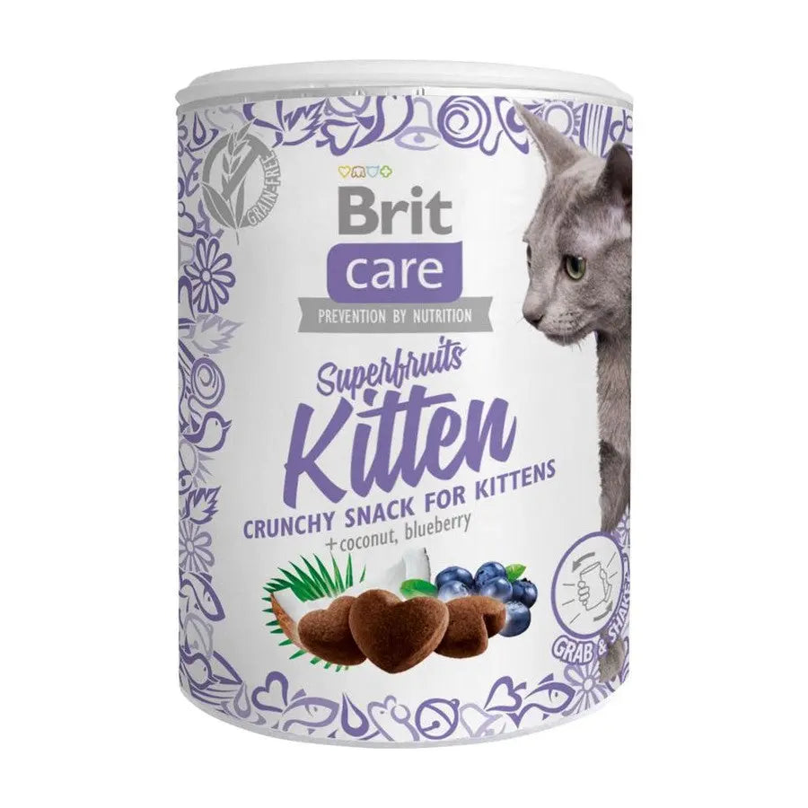 Crunchy kitten snack can with coconut and blueberry, promoting healthy nutrition for young cats.
