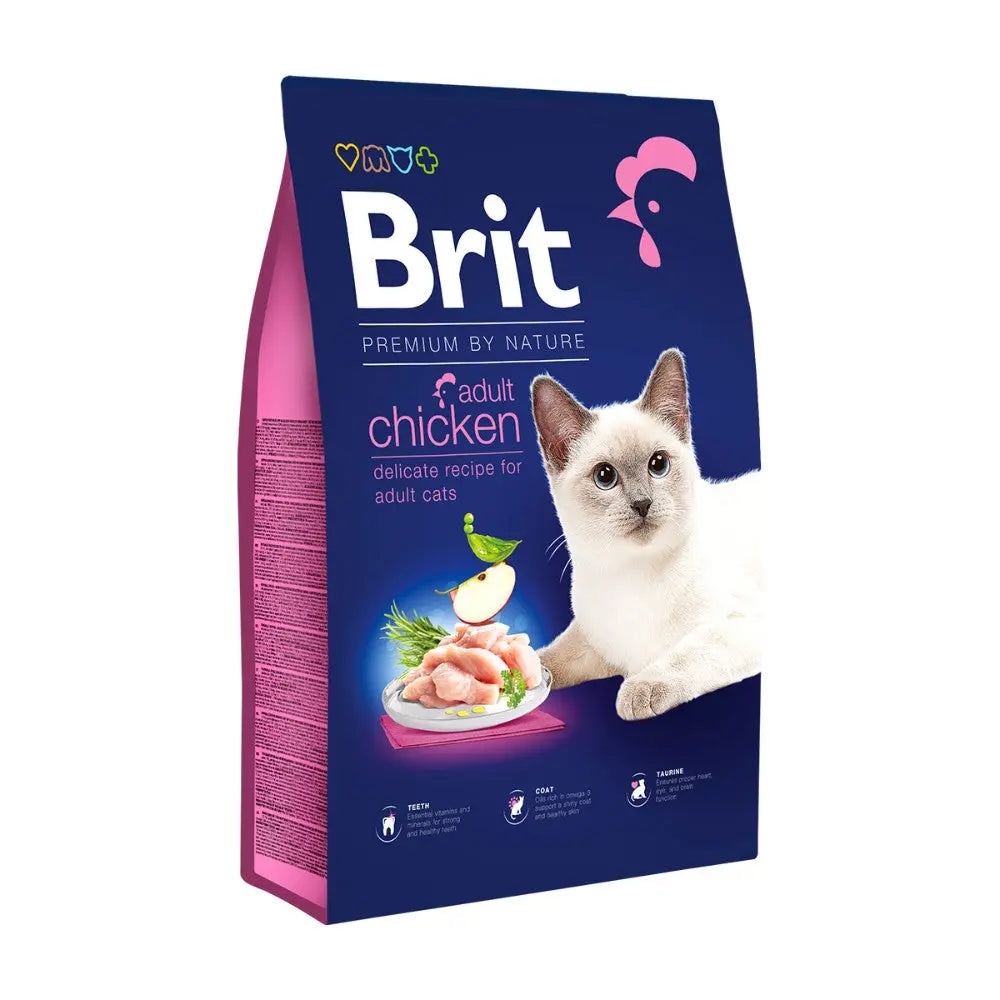 Premium cat food bag featuring chicken recipe for adult cats with a playful cat image.