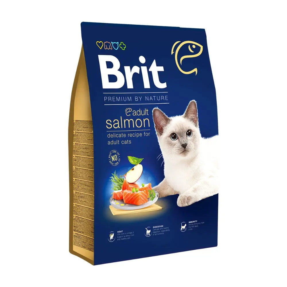 Premium cat food bag featuring salmon recipe for adult cats with natural ingredients.
