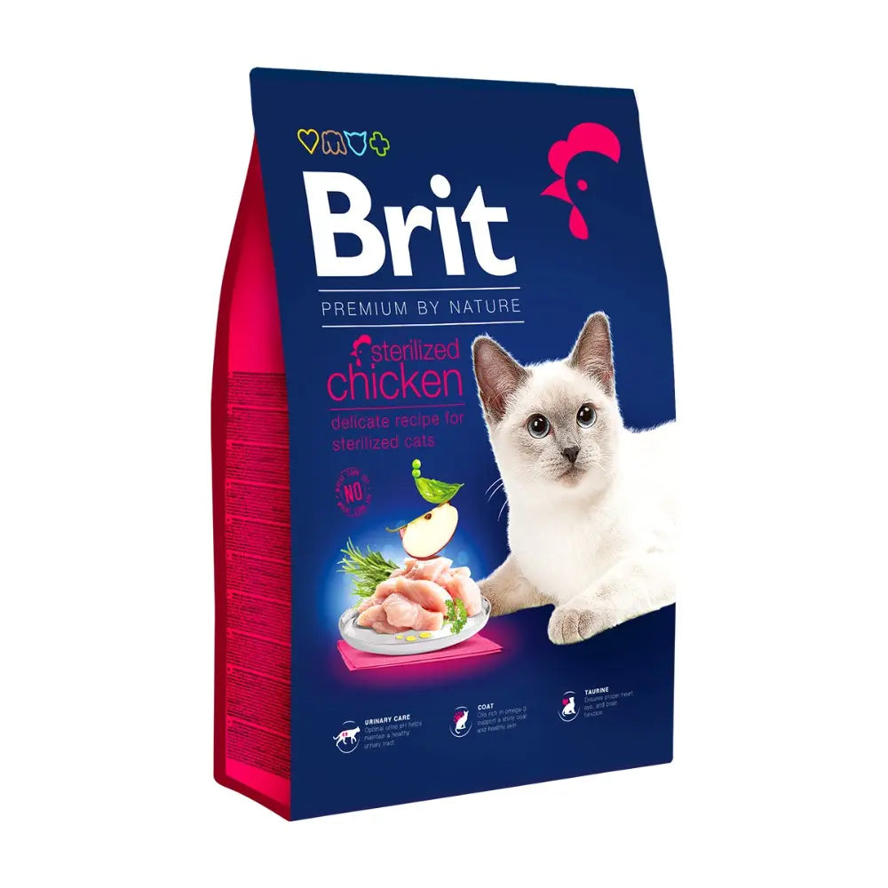 Premium cat food bag featuring sterilized chicken recipe for healthy cats.