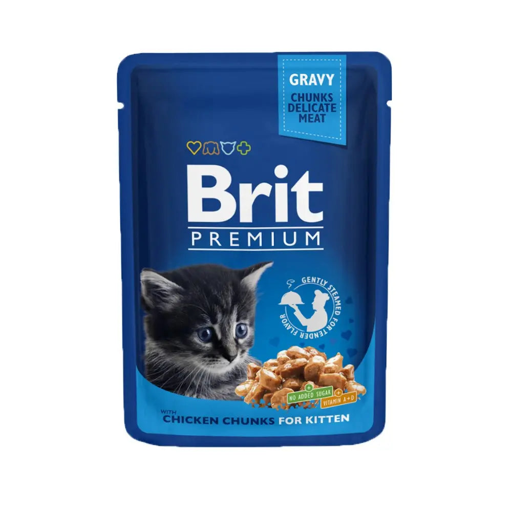 Kitten food pouch featuring chicken chunks in gravy, designed for premium nutrition.
