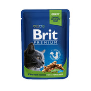 Brit Premium cat food pouch with chicken slices in gravy for sterilized cats.