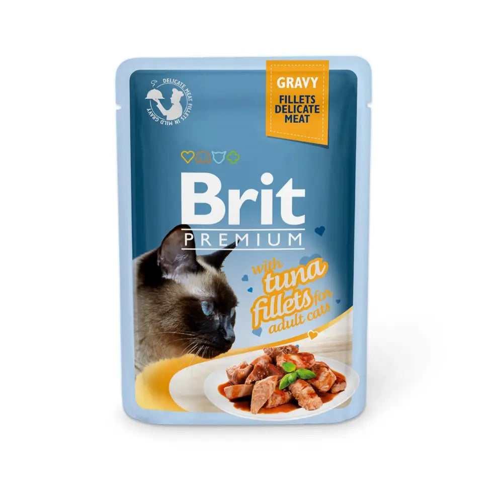 Tuna fillet cat food pouch in gravy, perfect for adult cats' delicate taste.
