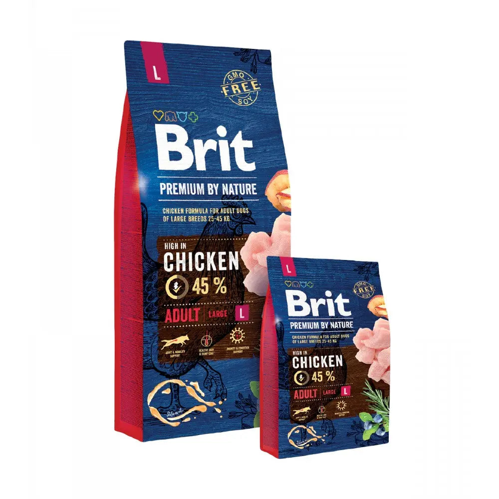 Premium Brit dog food bags featuring high chicken content for large breed adults.