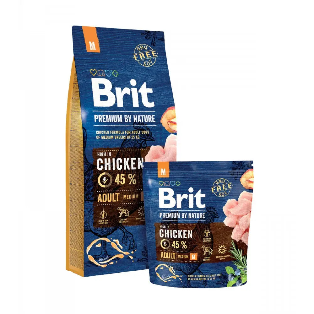 Premium Brit dog food with chicken, 45% protein, suitable for adult medium dogs, in eco-friendly packaging.