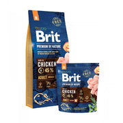 Premium Brit dog food with chicken, 45% protein, suitable for adult medium dogs, in eco-friendly packaging.