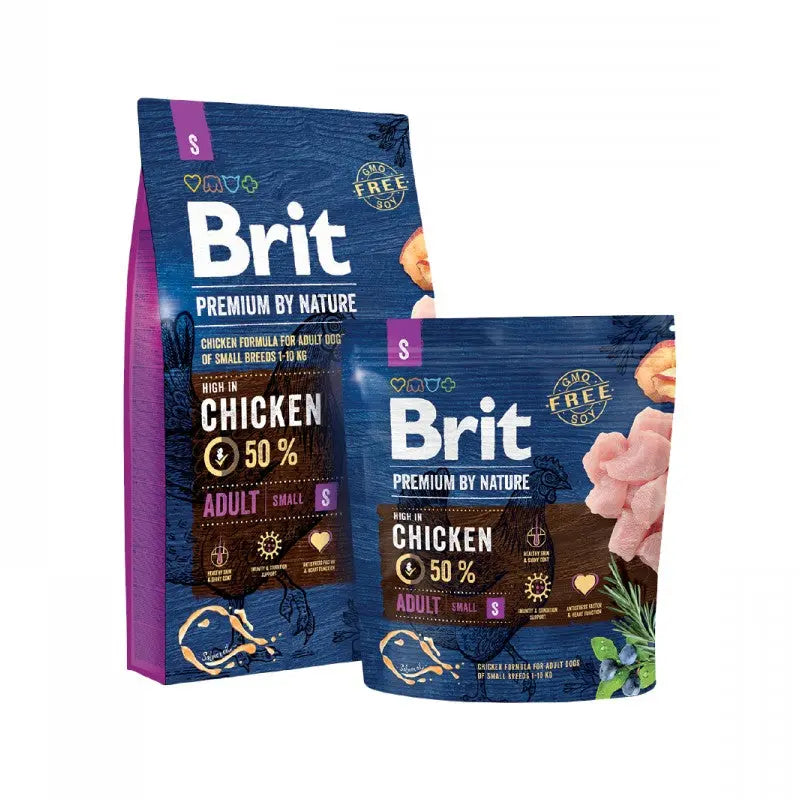 Premium Brit dog food bags featuring chicken formula for small adult breeds, highlighting natural ingredients.