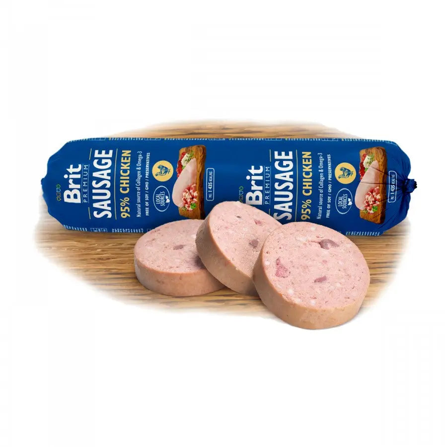 Chicken sausage roll with sliced pieces, featuring a blue packaging design and ingredient details.